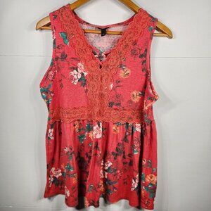 Torrid Red Floral Sleeveless Babydoll Tank Lace Trim Knit, Size 1/1X 14/16